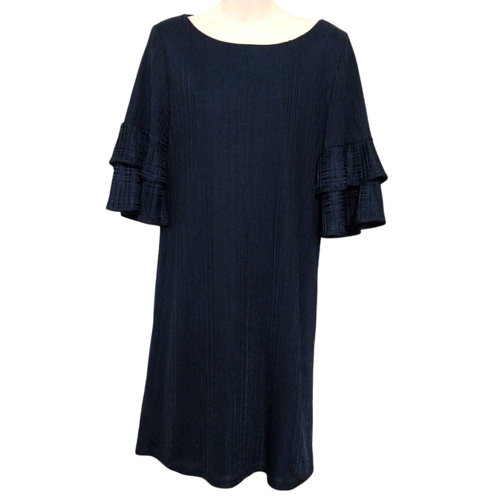 🔵BOGO FREE🔵 R&M Richards Dark Blue Textured Dress w Ruffled Sleeves Sz 12P